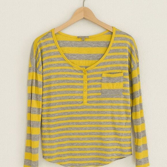 GAP Women’s Size S Yellow Gray Striped Henley Long Sleeve Top Pocket Modal Blend - Picture 2 of 5